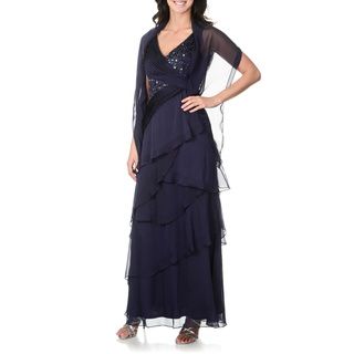 Ignite Women's Dark Sapphire Criss cross Embellished Bodice Asymmetrical Tiered Gown Ignite Evening & Formal Dresses