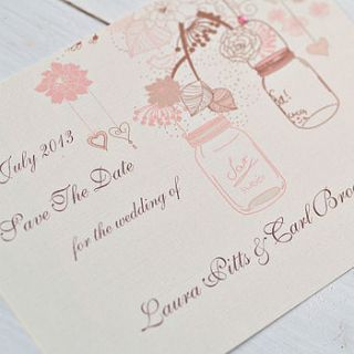 hanging jar of hearts save the date cards by beautiful day