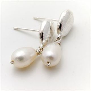 silver pebble stud earrings with pearl drop by alice robson jewellery