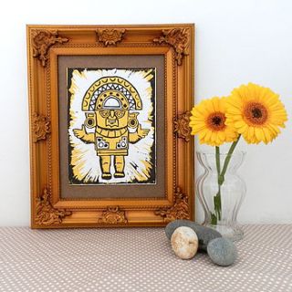 aztec god linocut by woah there pickle