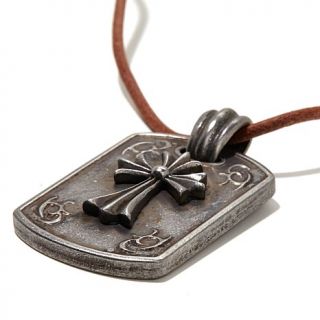 Men's Antiqued Stainless Steel Cross Dog Tag Pendant with Leather Cord