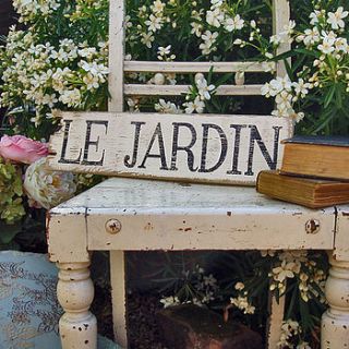 handmade weathered 'le jardin' sign by delightful living