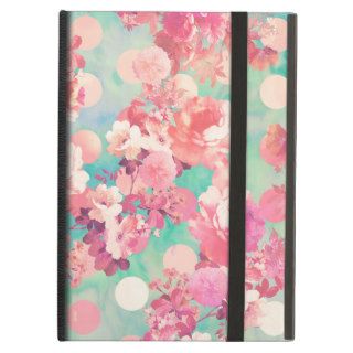 Romantic Pink Retro Floral Pattern Teal Polka Dots iPad Folio Cases