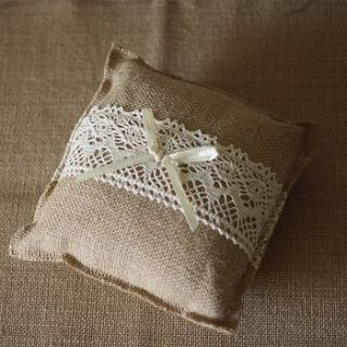 hessian lace wedding ring cushion by the wedding of my dreams