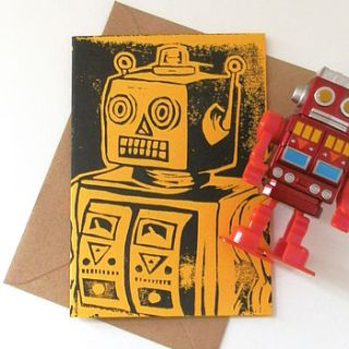 toy robot linocut card by woah there pickle