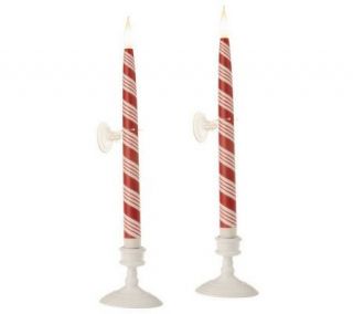 Set of 2 12 Candy Cane Taper Candles and Bases with Timer —