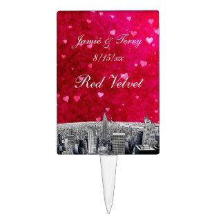 Etched NYC Skyline #2 Pink Red Heart Cake Topper