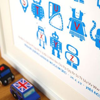 blue personalised robot alphabet print by little ink