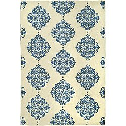 Hand hooked Miff Ivory/ Blue Wool Rug (79 X 99)