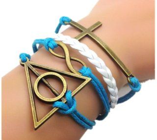 Bronze Harry Potter Deathly Hallows &Cross Infinity Bracelet Blue Rope Leather Fashion Personalized Adjustable Bracelet 2226r Jewelry