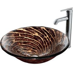 Vigo Chocolate Caramel Swirl Glass Vessel Sink And Single hole Faucet Set In Chrome