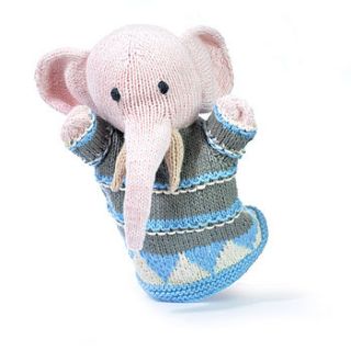 hand knitted organic cotton elephant puppet by chunkichilli