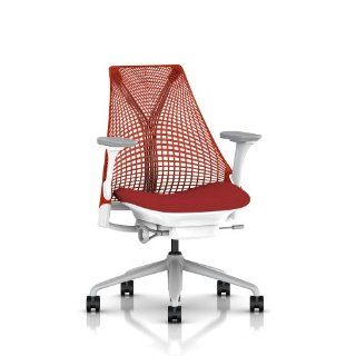 Herman Miller Sayl Chair Home Office Desk Task Chair   SAYL Work Chair with Fully Adjustable Fog Arms, Tilt Limiter, Adjustable Seat Depth, White Y Tower Back and Fog Base, No Adjustable Lumbar Support, Red Back Rest Suspension, Tomato Crossing Fabric Seat