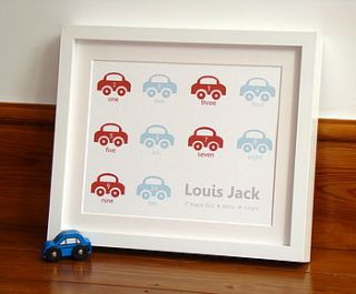 'counting cars' baby boy personalised print by little van goghs