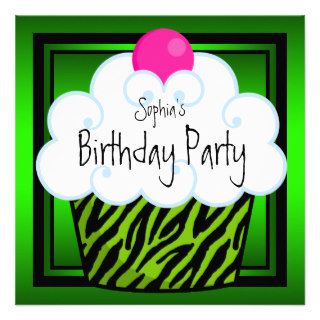 Lime Green Zebra Girls Cupcake Birthday Party Custom Invite