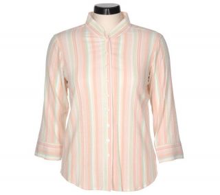Denim & Co. Mandarin Collar Stretch Gauze 3/4 Sleeve Striped Shirt —