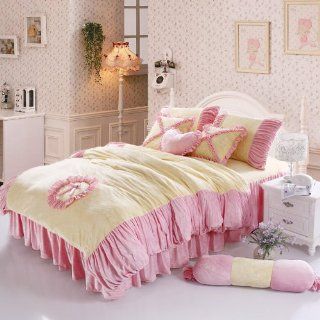 DIAIDI Home Textile, Velvet Comforter Set, Short Plush Bedding Set, Girls Ruffle Bedding, 6Pcs, Twin/Queen/King   Bed Skirts