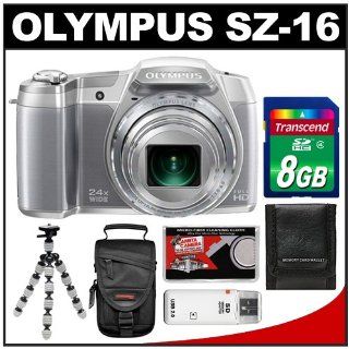 Olympus SZ 16 iHS Digital Camera (Silver) with 8GB Card + Case + Flex Tripod + Accessory Kit  Point And Shoot Digital Camera Bundles  Camera & Photo
