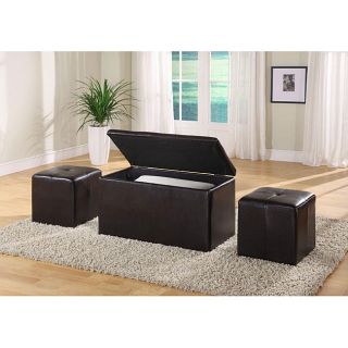 Synthetic Leather Chocolate Storage Bench With 2 Ottomans