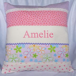 personalised stripey patchwork cushion by tuppenny house designs