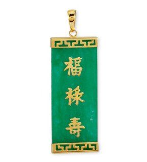 14k Solid Gold Chinese Lucky Symbols Green Jade Pendant Jewelry