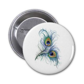 Twin Peacock Feather Pencil Drawing Button
