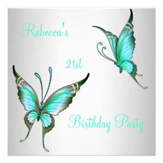 Butterflies 21st Birthday Party Green White Personalized Invitations