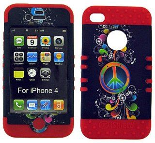 3 IN 1 HYBRID SILICONE COVER FOR APPLE IPHONE 4 4S HARD CASE SOFT RED RUBBER SKIN PEACE MUSIC NOTES RD TE270 KOOL KASE ROCKER CELL PHONE ACCESSORY EXCLUSIVE BY MANDMWIRELESS Cell Phones & Accessories
