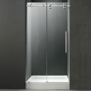 Vigo 48 inch Frameless Center Drain Shower Door 0.375 inch Clear Glass With White Base
