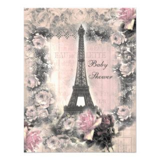 Shabby Chic Eiffel Tower & Roses Baby Shower Custom Invitations
