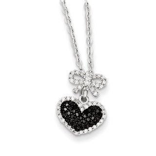 Sterling Silver Black and White Diamond Heart & Bow Pendant Jewelry