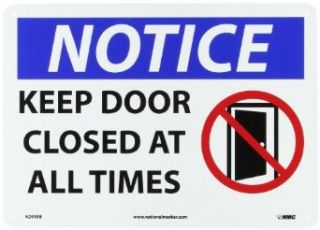 NMC N291RB OSHA Sign, Legend "NOTICE   KEEP DOOR CLOSED AT ALL TIMES" with Graphic, 14" Length x 10" Height, Rigid Plastic, Black/Blue on White Industrial Warning Signs