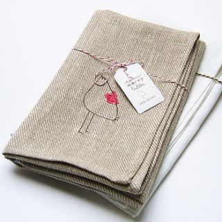 embroidered natural linen chickens tea towel by charlotte macey