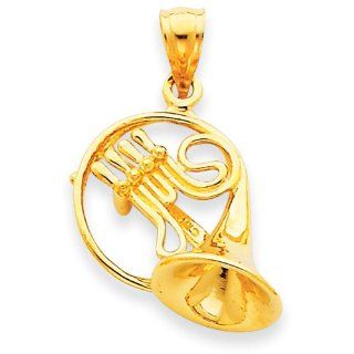 14k Yellow Gold Solid Polished 3 Dimensional French Horn Pendant Jewelry