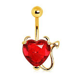 Gold Plated Devil Heart Belly Ring with Red Faceted Gem, Devil Horns and Tail   14G (1.6mm), 3/8'' Length Belly Button Piercing Rings Jewelry