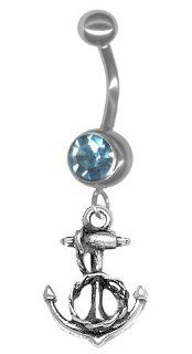 Anchor Belly Ring Sterling Silver Anchor Belly Button Ring with Aqua Jeweled Barbell 14g 3/8 Jewelry