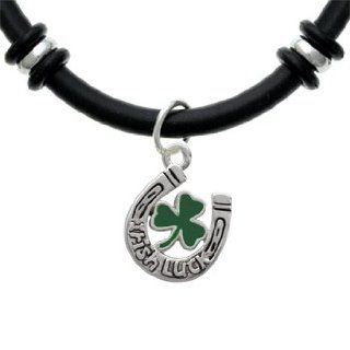 Irish Luck Horseshoe with Shamrock Black Rubber Charm Bracelet [Jewelry] Jewelry