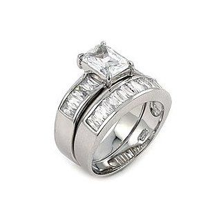 Sterling Silver Cubic Zirconia Baguette Wedding Band Set   RingSize 8 Wedding Ring Sets Jewelry