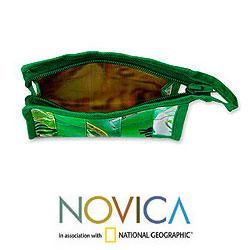 Recycled Wrapper 'New Green' Medium Cosmetic Bag (Indonesia) Novica Cosmetic Storage & Mirrors