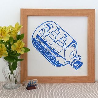 ship in a bottle linocut print by woah there pickle