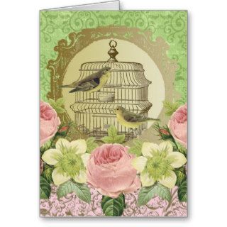 Vintage flowers, birds and birdcage notecard card