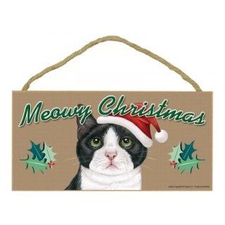 "MEOWY CHRISTMAS" WOODEN SIGN   TUXEDO CAT (Mostly White)  Door Stops 