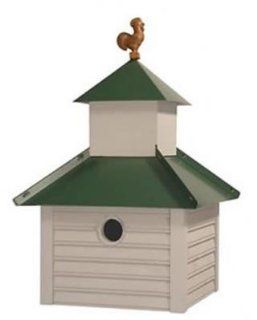 Bird House w Smoke Gray Finish, Green Metal Roof & Rusty Rooster Finial