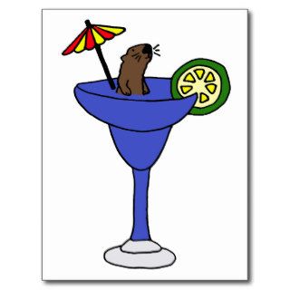 Funny Sea Otter in Blue Margarita Drink Post Cards