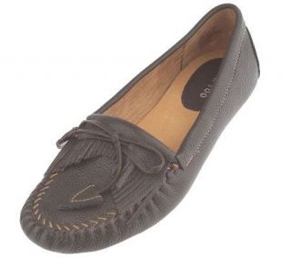 Me Too Pebbled Leather Moccasins with Fringed Flap & Bow Tie —