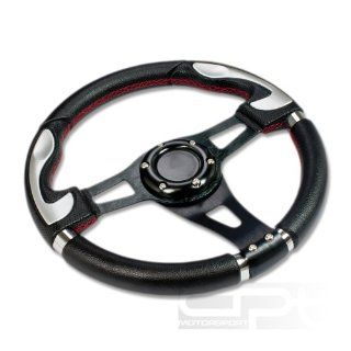 SW T340, 320mm 12.5" Black PVC Leather Red Stitch Silver Trim Black Spoke 6 Hole Racing Aluminum Steering Wheel with Horn Button Automotive