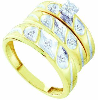 10K Yellow and White Gold .11CT Round Cut Diamond Bridal Trio Ring Set Jewelry