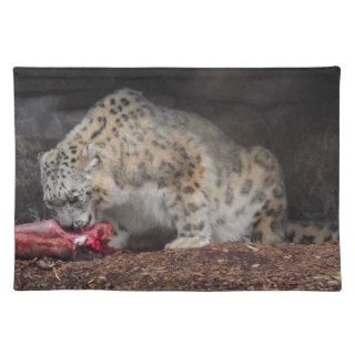 Snow Leopard Eating His Meat Colorful Photo Placemat
