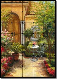 Patio Garden by Joanne Morris   Floral Tumbled Marble Tile Mural 28" x 20" Kitchen Shower Backsplash   Ceramic Tiles  