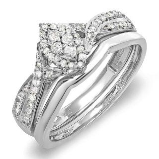 0.30 Carat (ctw) 10k White Gold Round Diamond Ladies Bridal Split Shank Marquise Shaped Ring Engagement Matching Band Wedding Set 1/3 CT Jewelry